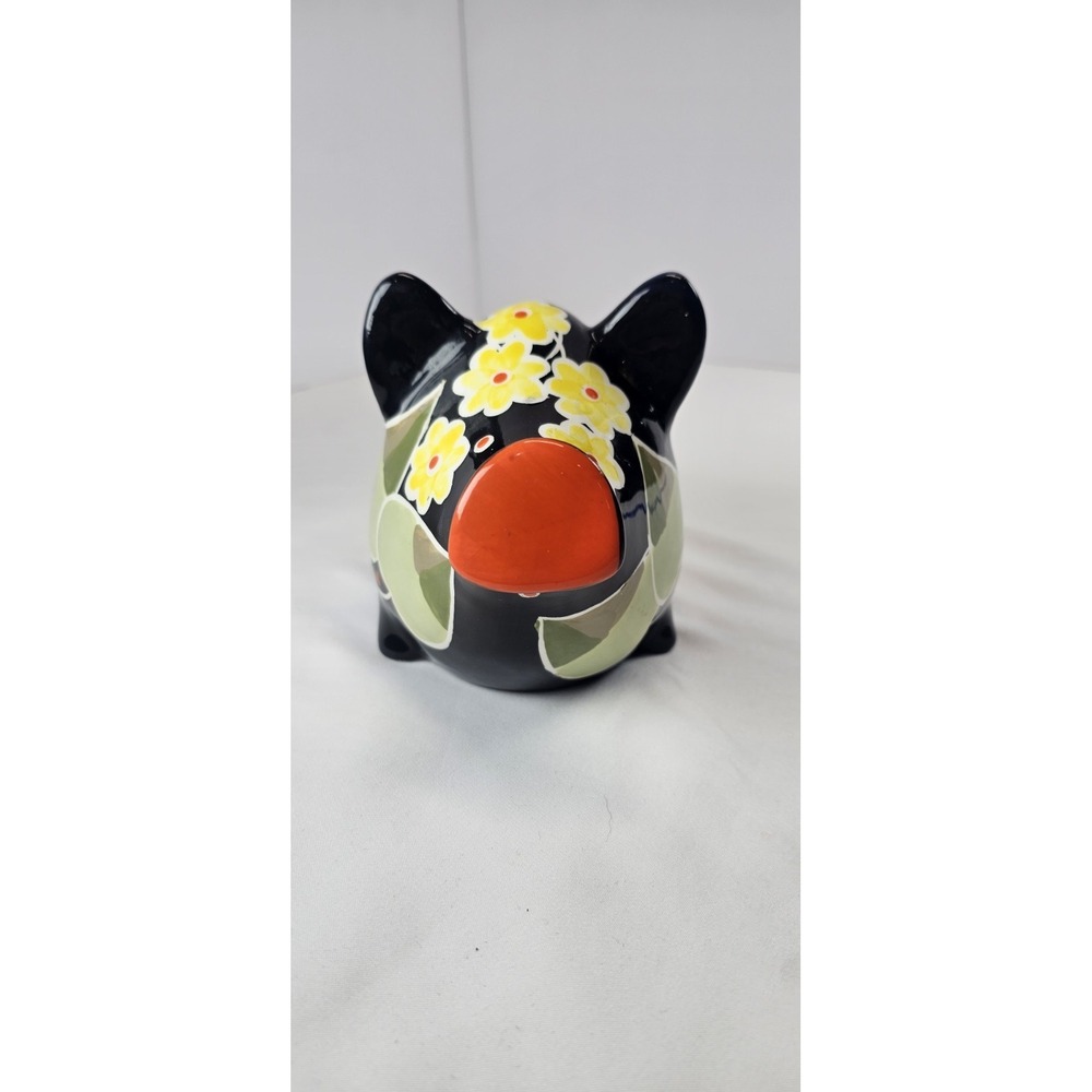 Vintage Ceramic Piggy Bank Black Floral Hand Painted Modernist Pig Coin 6"